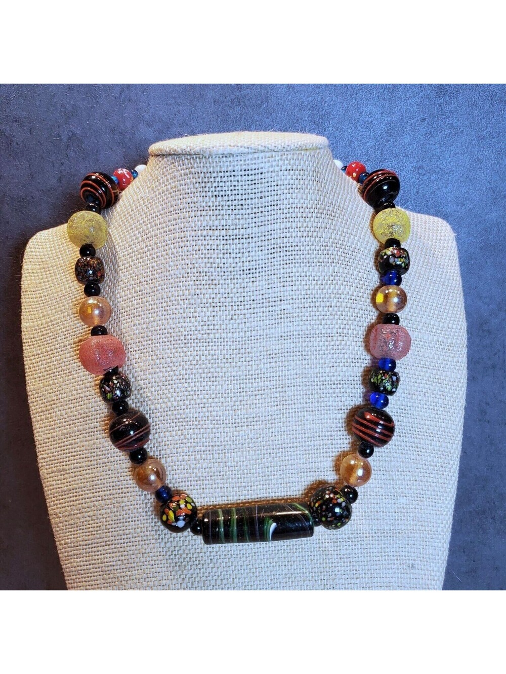 New Vintage 90s Y2K India Artisan Glass Beads Black Multi Necklace OOAK Style J
